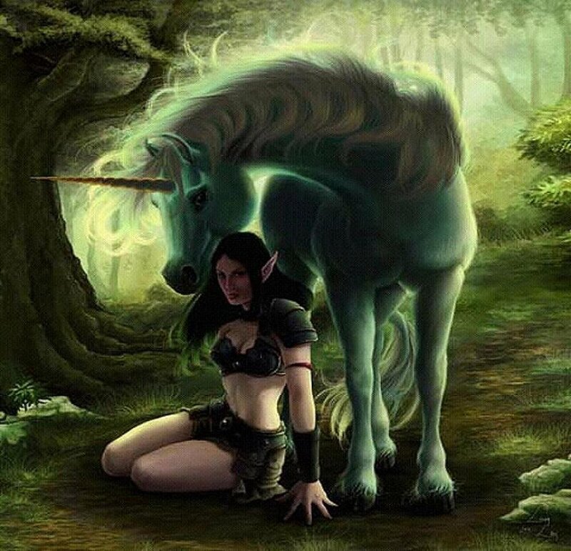 Elf Woman with Unicorn — Green, Mystical