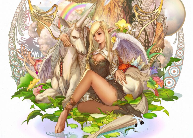 Elf Woman with Unicorn — Green, Serene, Afternoon, Digital Art