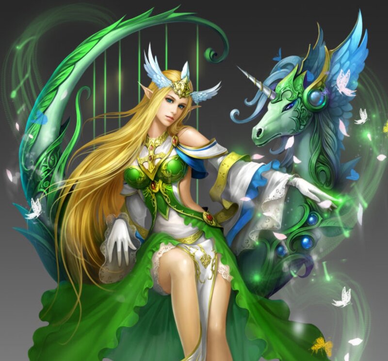 Elf Woman with Unicorn — Green, Serene, Digital Art, Harp