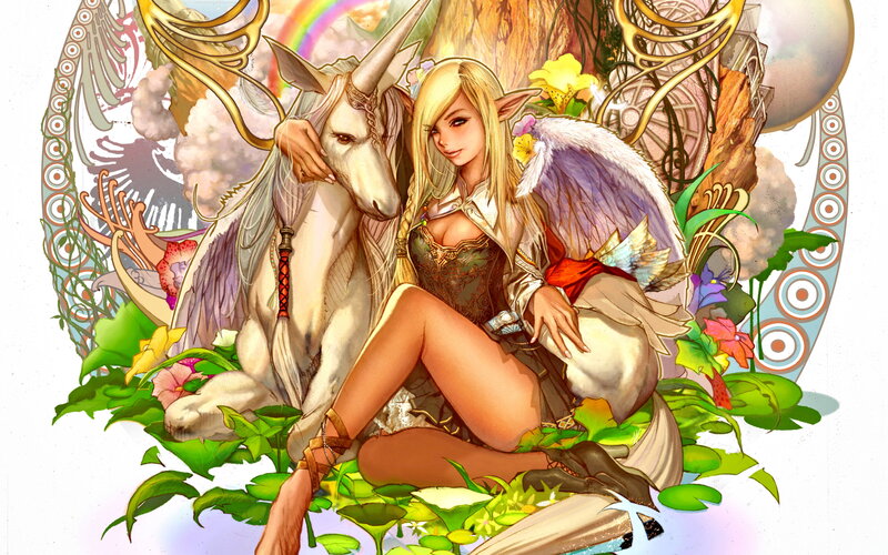 Elf Woman with Unicorn — Green, Serene, Digital Art, Wings