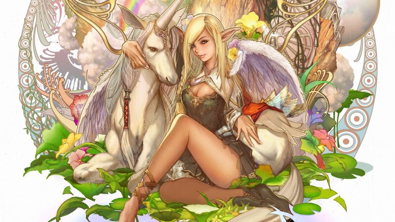 Elf Woman with Unicorn — Green, Serene, Spring