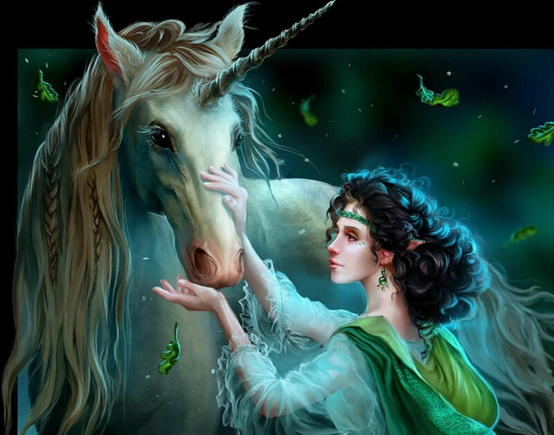 Elf Woman with Unicorn — Green, Serene