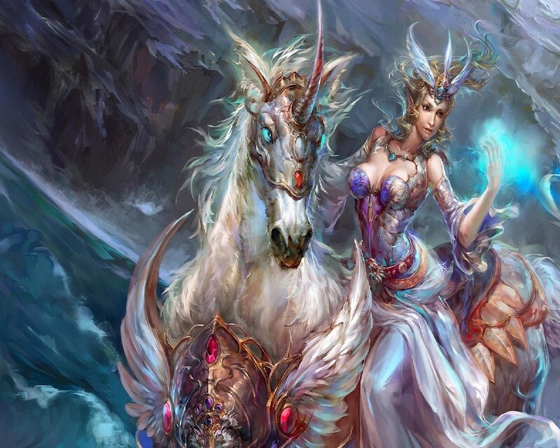 Elf Woman with Unicorn — White