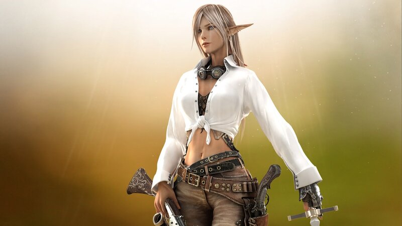Elf Woman with Weapons — White, Dramatic, Sunset, 3d Render, Goggles, Sword