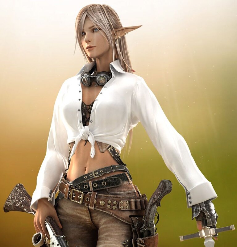 Elf Woman with Weapons — White, Dramatic, Sunset, 3d Render, Goggles