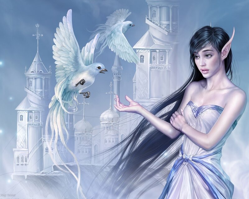 elf woman with white birds