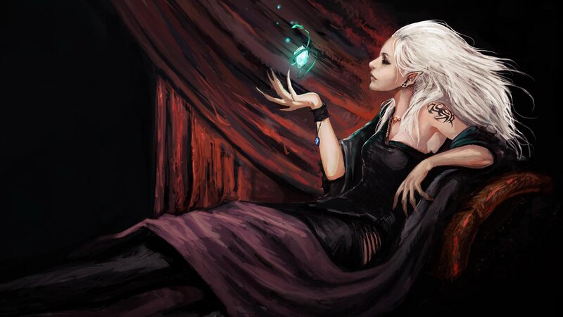Elf Woman with White Hair — Black, Dramatic, Night