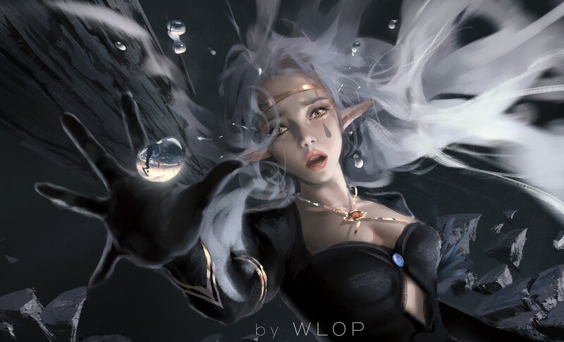 Elf Woman with White Hair — Black, Dramatic