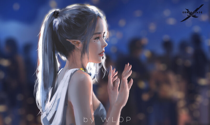 Elf Woman with White Hair — Blue, Serene, Night, Digital Art