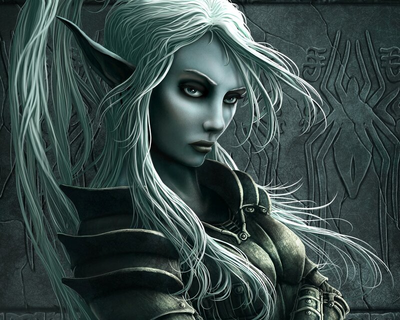 Elf Woman with White Hair — Gray, Dramatic, Digital Art