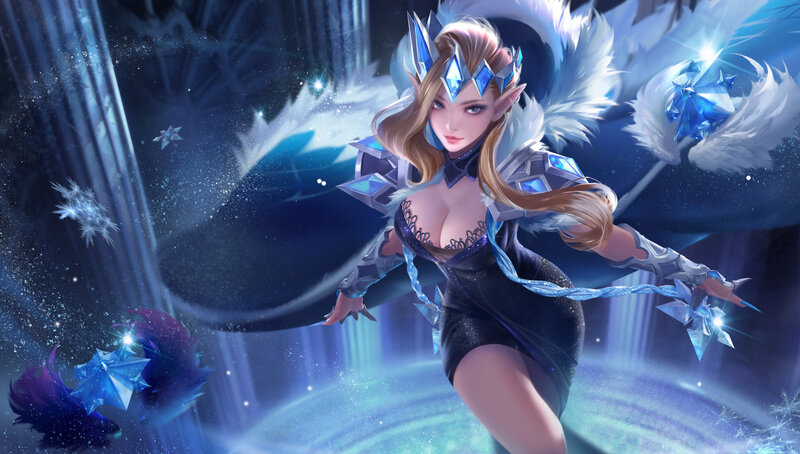 Elf Woman with Wings — Blue, Dramatic, Night, Digital Art, Crystals, Snowflakes