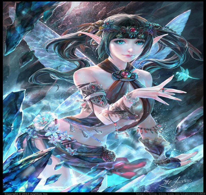 Elf Woman with Wings — Blue, Dramatic, Night, Digital Art, Crystals