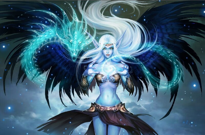 Elf Woman with Wings — Blue, Dramatic, Night, Digital Art, Dragon