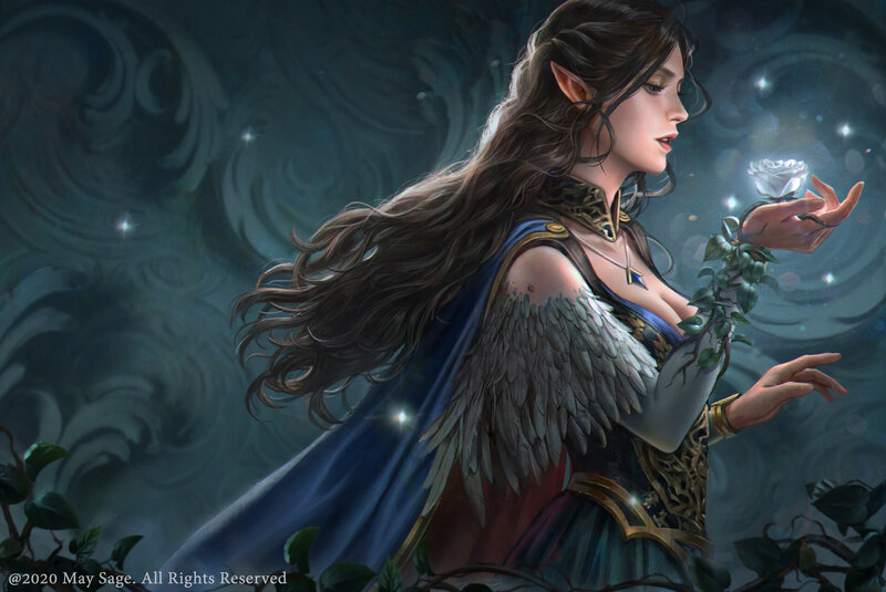Elf Woman with Wings — Blue, Serene, Night, Digital Art, White Rose