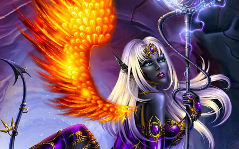 Elf Woman with Wings — Purple, Dramatic, Digital Art, Staff