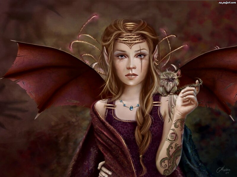 Elf Woman with Wings — Purple, Dramatic, Digital Art, Tattoo