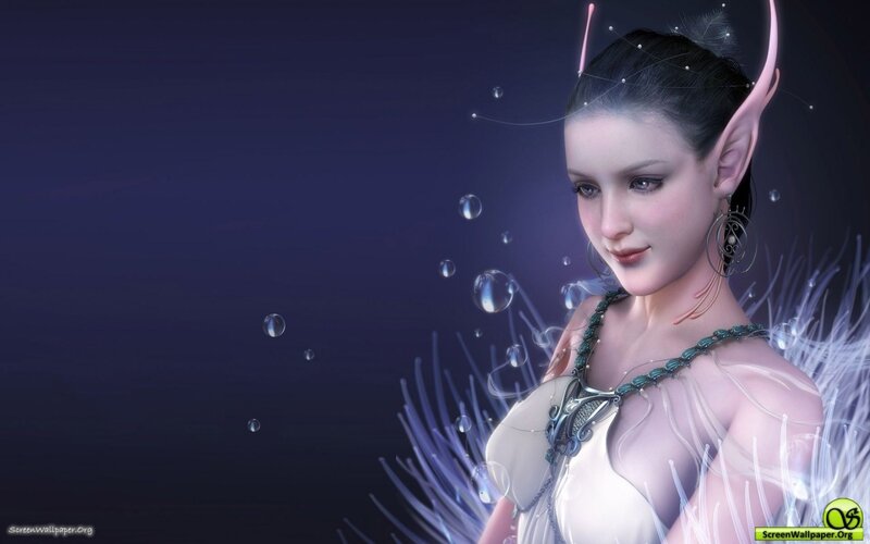 Elf Woman with Wings — Purple, Serene, Night, 3d Render, Bubbles, Earrings