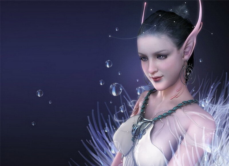 Elf Woman with Wings — Purple, Serene, Night, Digital Art, Bubbles