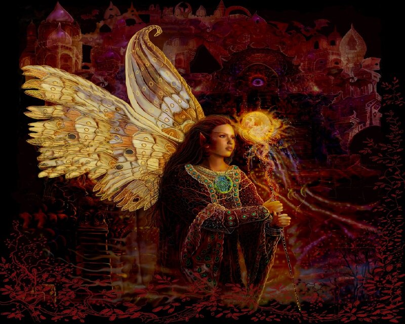 Elf Woman with Wings — Red, Dramatic, Night, Digital Art, Staff