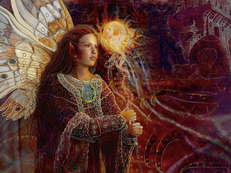 Elf Woman with Wings — Red, Dramatic, Night, Digital Art