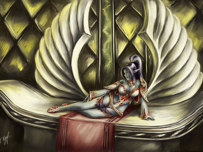 Elf Woman with Wings — White, Dramatic, Digital Art, Armor, Throne