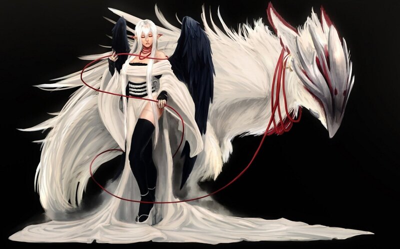 Elf Woman with Wings — White, Dramatic, Digital Art, Dragon