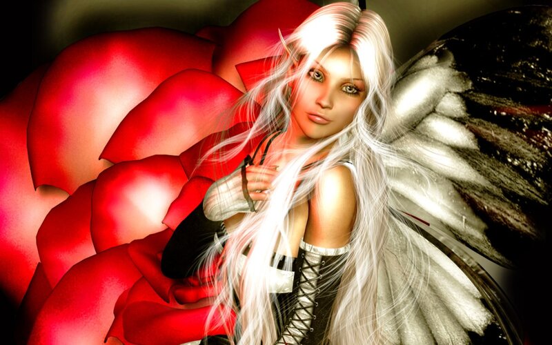 Elf Woman with Wings — White, Dramatic, Digital Art