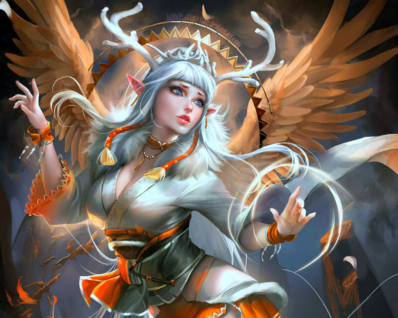 Elf Woman with Wings — White, Dramatic, Night, Digital Art