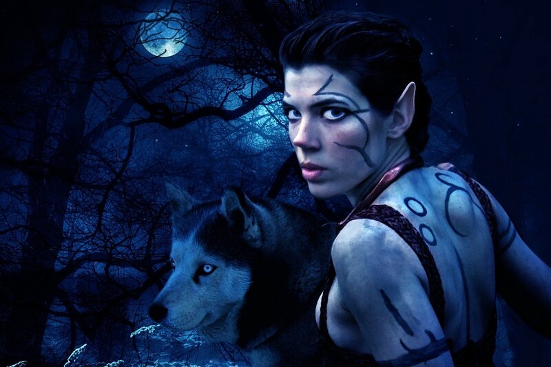 Elf Woman with Wolf — Blue