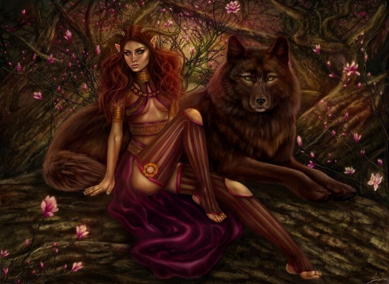 elf woman with wolf companion