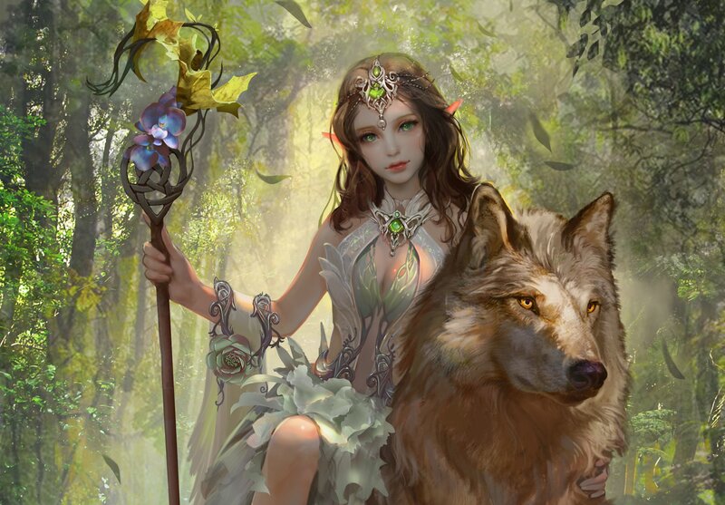 Elf Woman with Wolf — Green