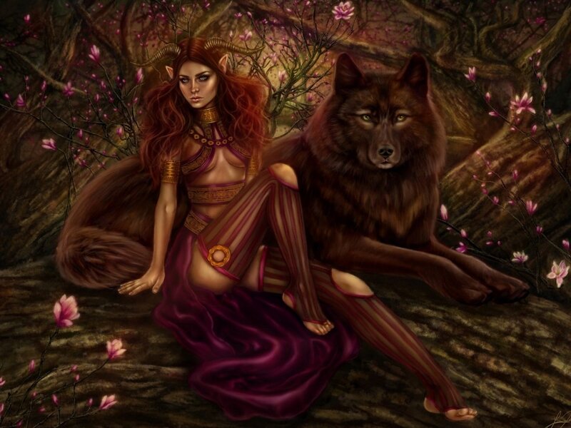 Elf Woman with Wolf — Purple, Serene, Spring