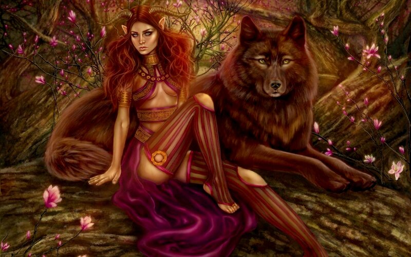 Elf Woman with Wolf — Purple, Serene