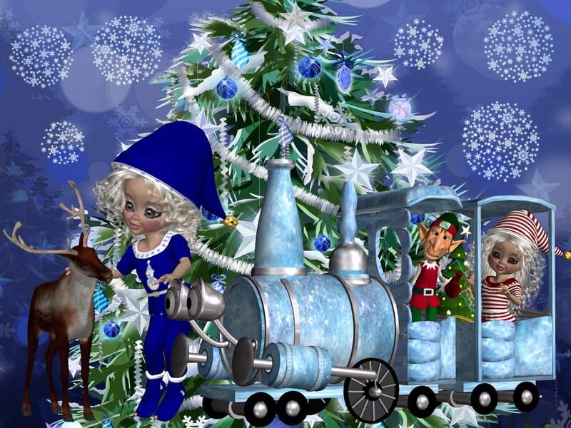 Elfs with Train and Reindeer