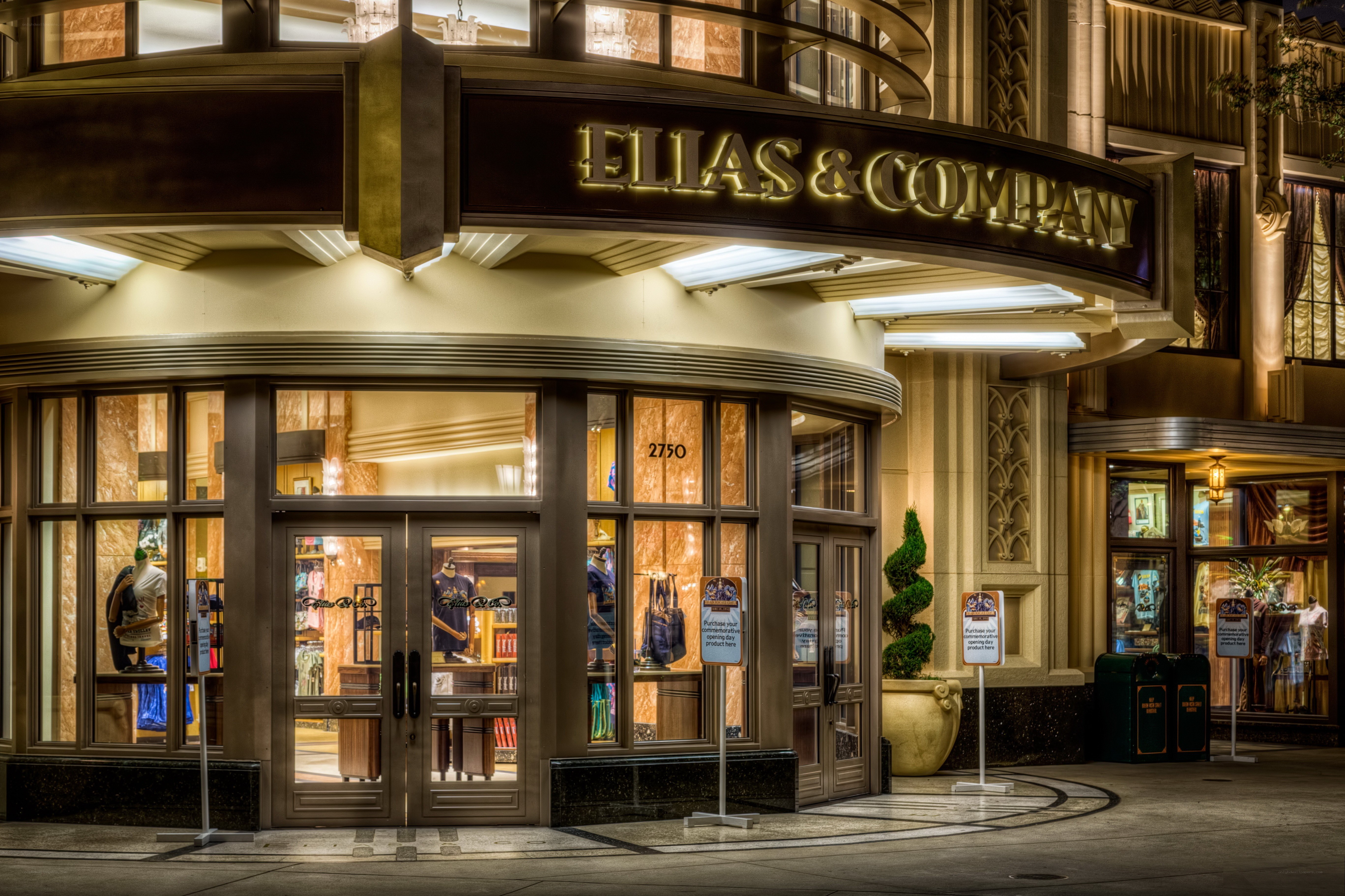 Elias & Company storefront at night