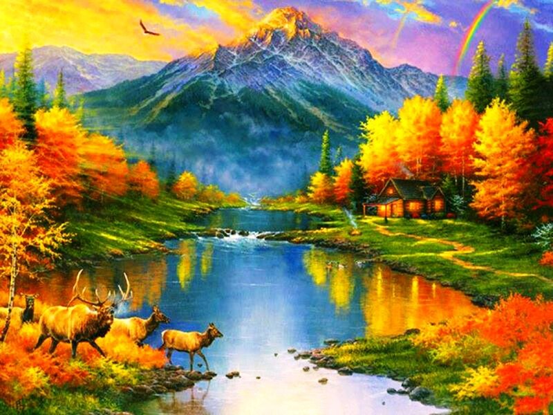 Elk Herd by River — Blue, Serene, Autumn