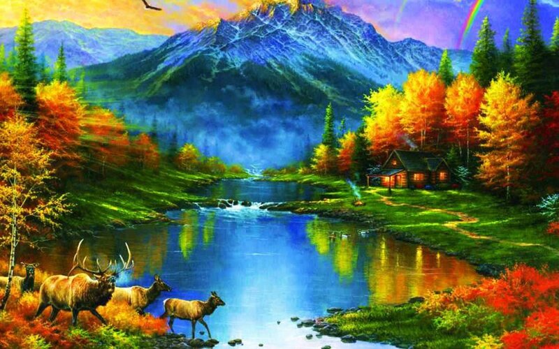 Elk Herd by River — Blue, Serene