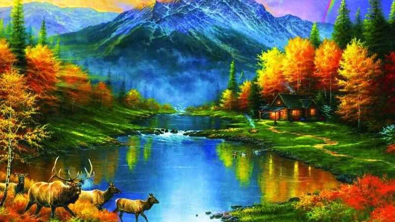 Elk Herd by River — Blue