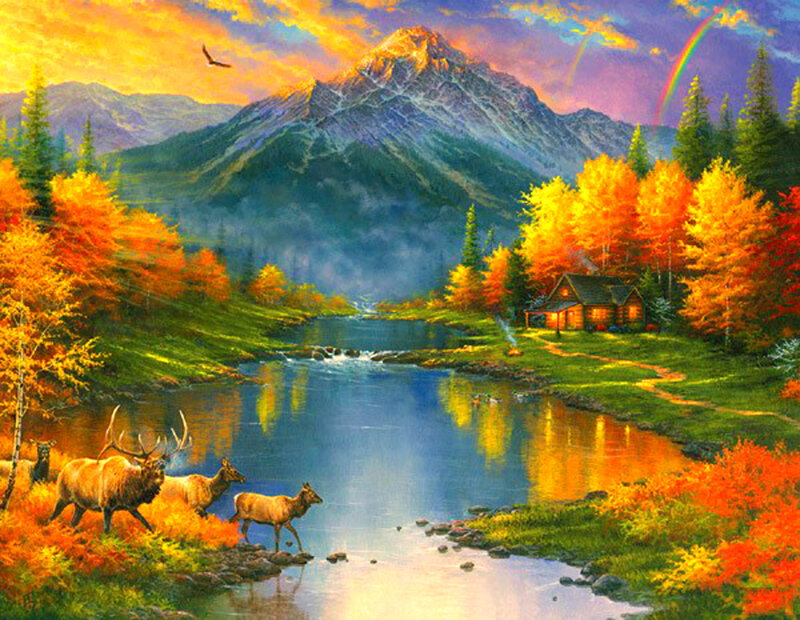 Elk Herd by River — Orange
