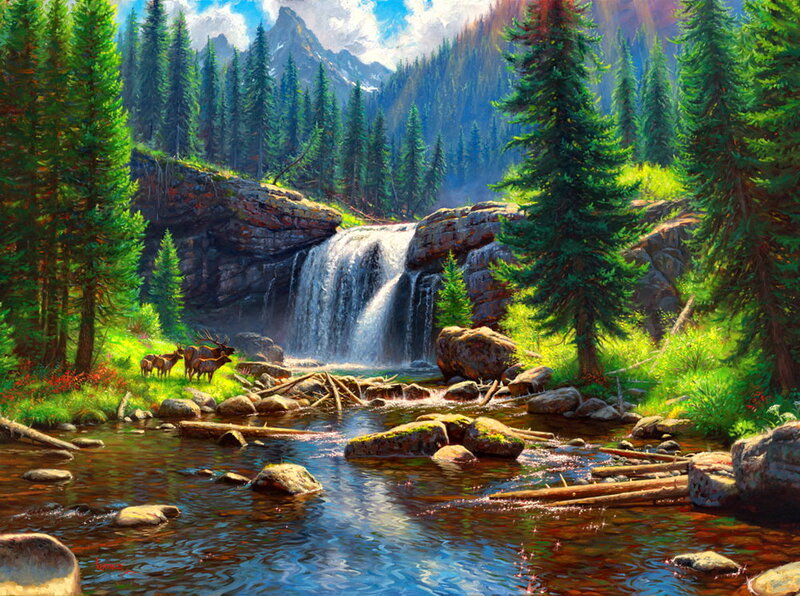 Elk Herd by Waterfall