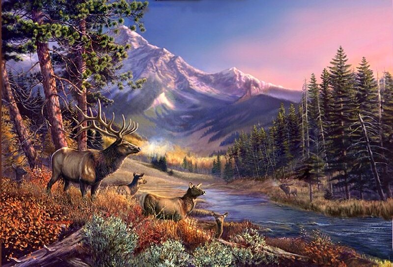 Elk Herd in Forest — Blue, Serene
