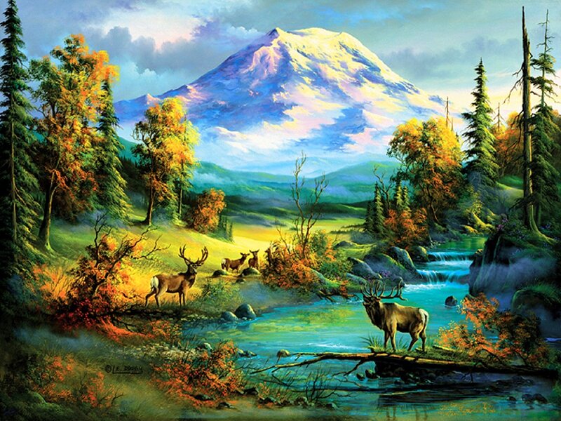 Elk Herd in Forest — Green