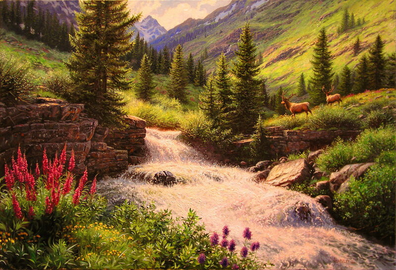 Elk in Mountain Valley — Green, Serene