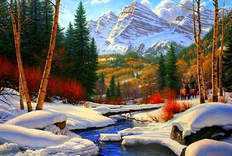 Elk in Snowy Forest — Blue, Serene