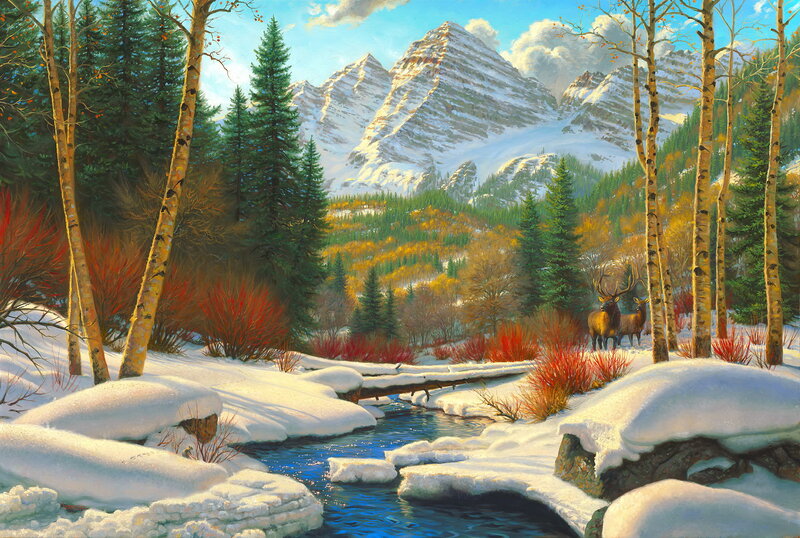 Elk in Snowy Forest — Blue