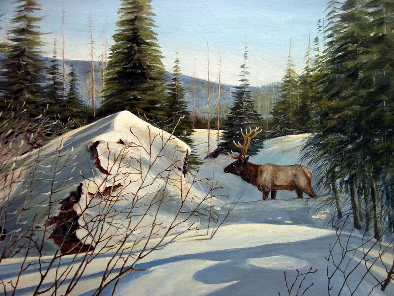 Elk in Snowy Forest — White, Serene