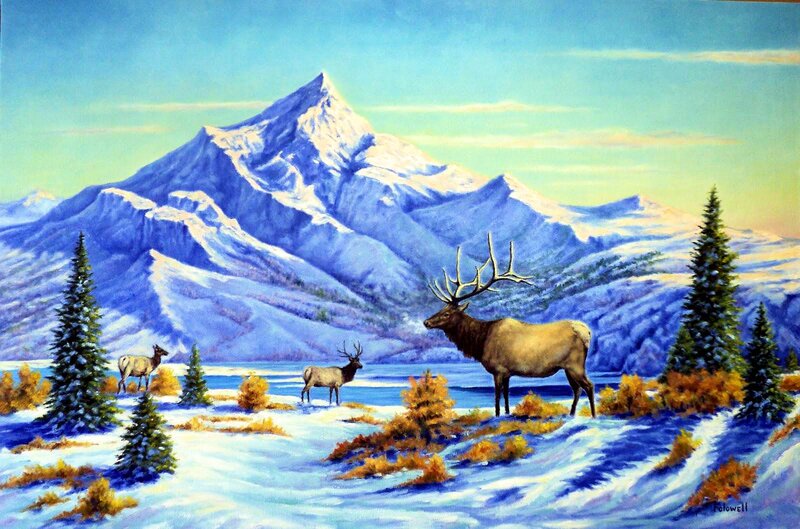 Elk in Snowy Landscape — Blue, Serene