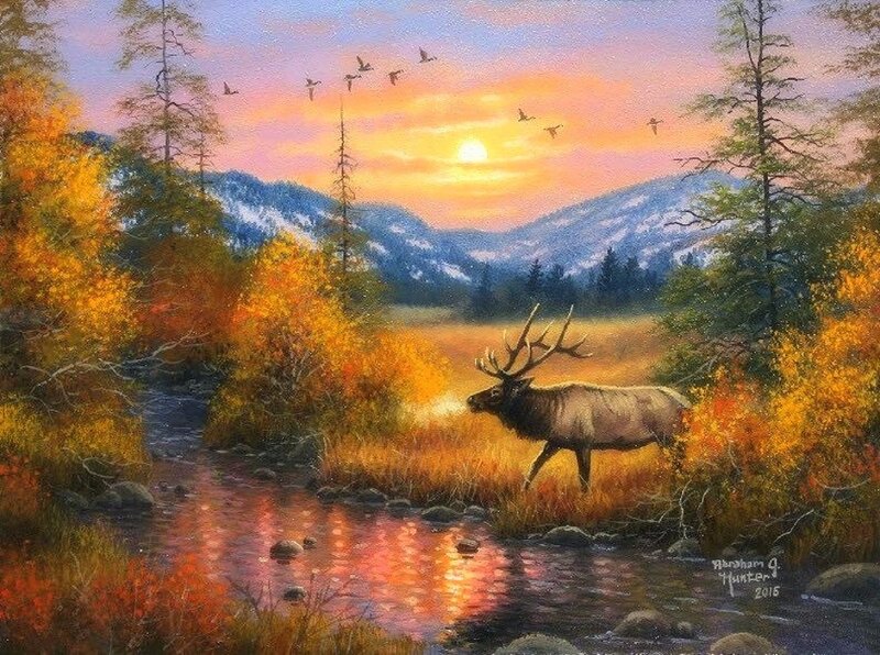 Elk Near a Stream