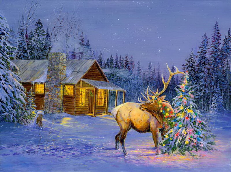 Elk Near Cabin — Blue, Serene