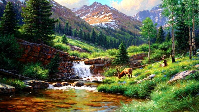Elk Near Waterfall — Green, Serene